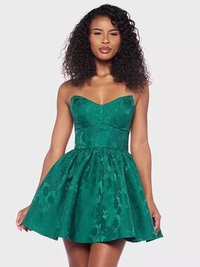 Alex and Sophia Juniors Strapless Emerald Green Jacquard Party Dress